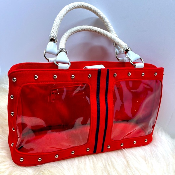 unbranded Handbags - Nautical Studded Rope Handle Retro Handbag Red White Blue w Clear Poly Windows